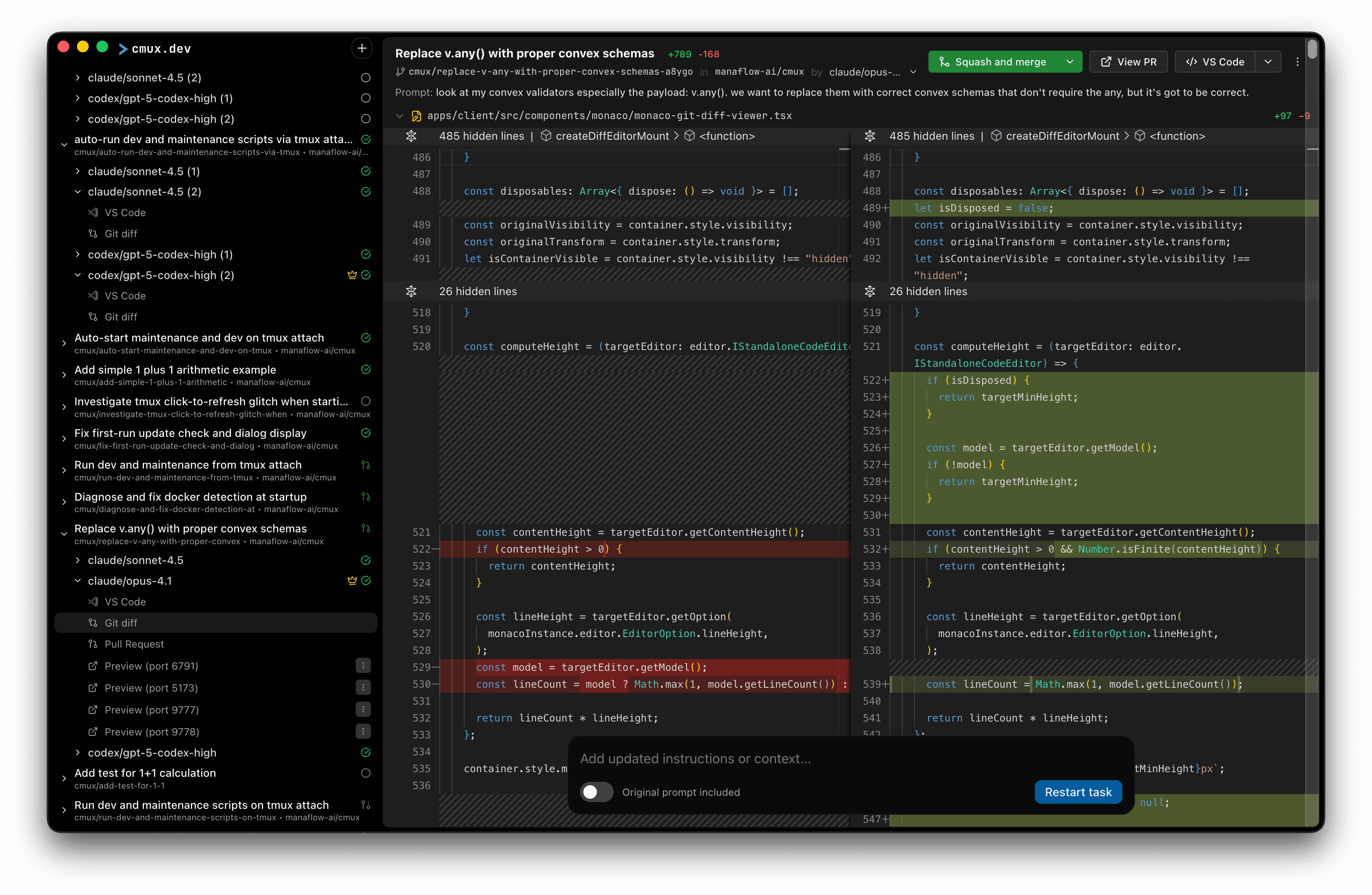 Diff viewer for each agent's changes